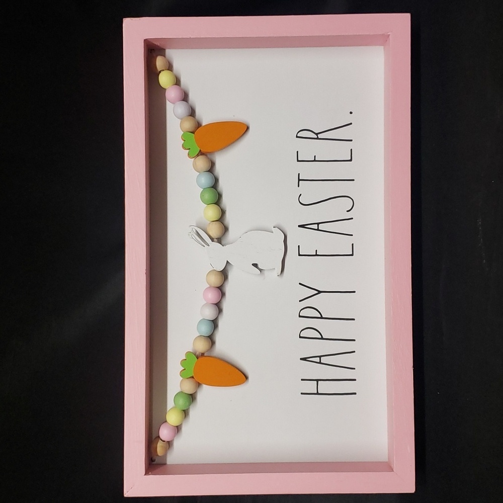 Rae Dunn NWT Wooden Box Easter Plaque with Bunny, Carrots and Pastel Beads